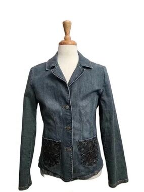 Vintage Dark Gray Denim Blazer Jacket with Black Embroidered Pockets